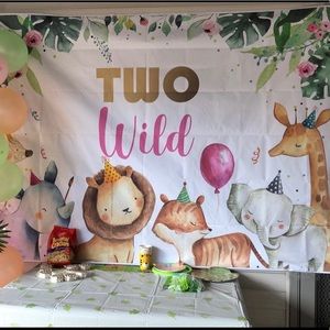 Two Wild Second Birthday Party Tropical Safari Animal Decor Backdrop Pink